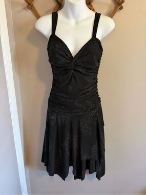 Y2K Le Chateau Black Floral Shimmer Ruching Dress S
